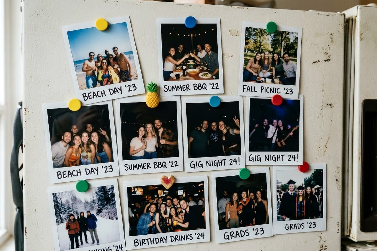 Polaroid photos on a fridge β memories from hangouts with friends